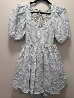 NWT INA Light Blue Puff Sleeve Jaquard Mini Square Neck Medium Party Dress